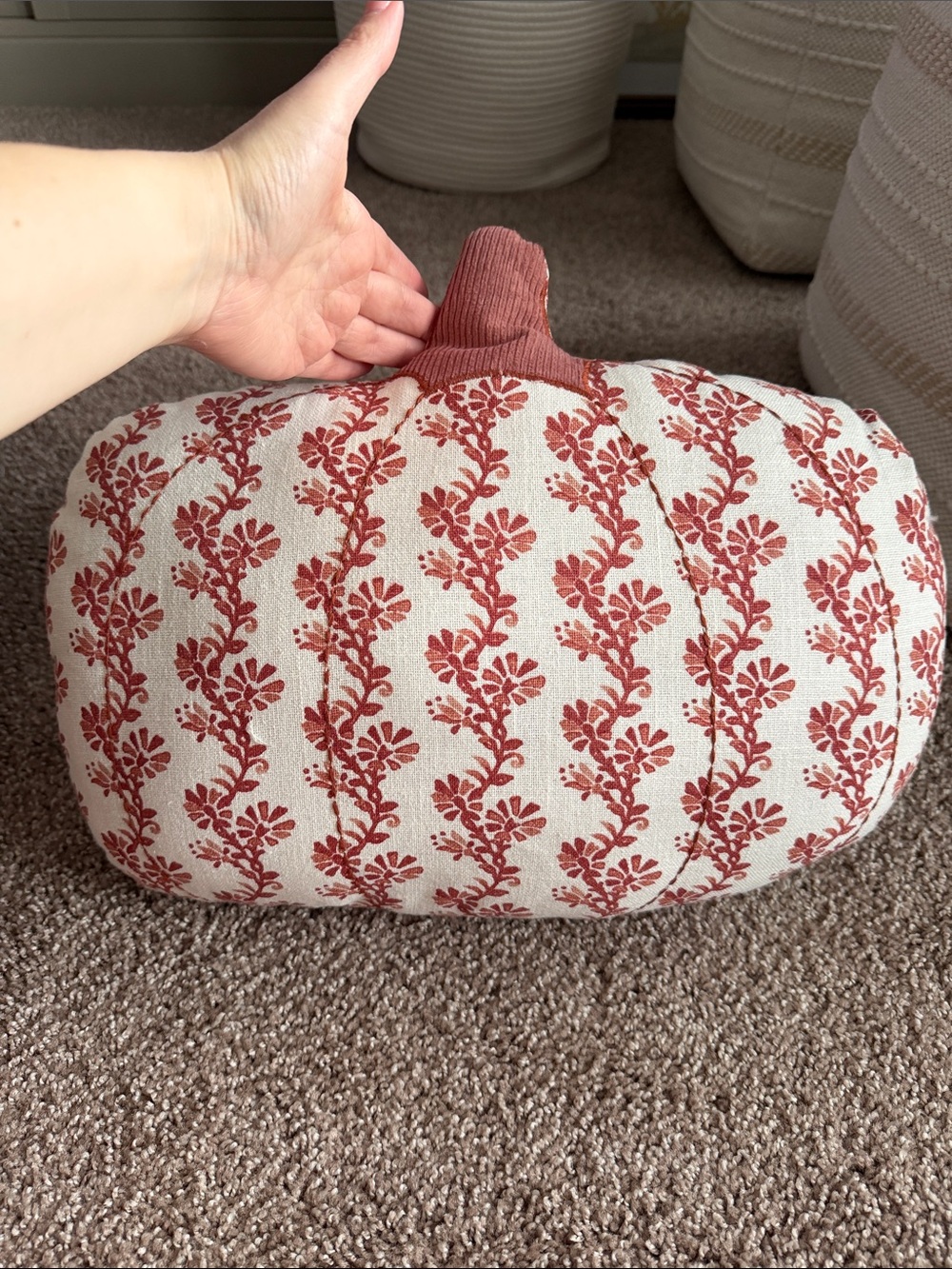 Rust Floral Pumpkin Throw Pillow - Seasonal Accent